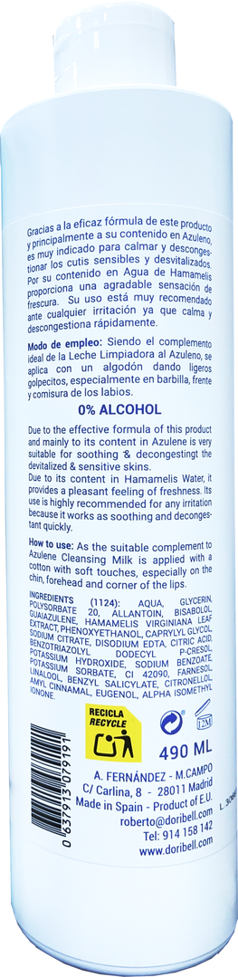 Tónico facial suave al azuleno 500 ml de By DoriBell profesional cutis sensibles, sin alcohol