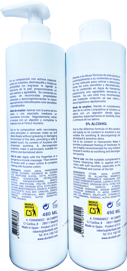 Leche + Tónico al Azuleno cutis sensibles de By DoriBell profesional 480 y 490 ml